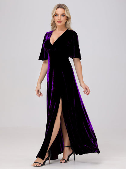 A-Line V-Neck Short Sleeves Velvet Bridesmaid Dresses with Slit