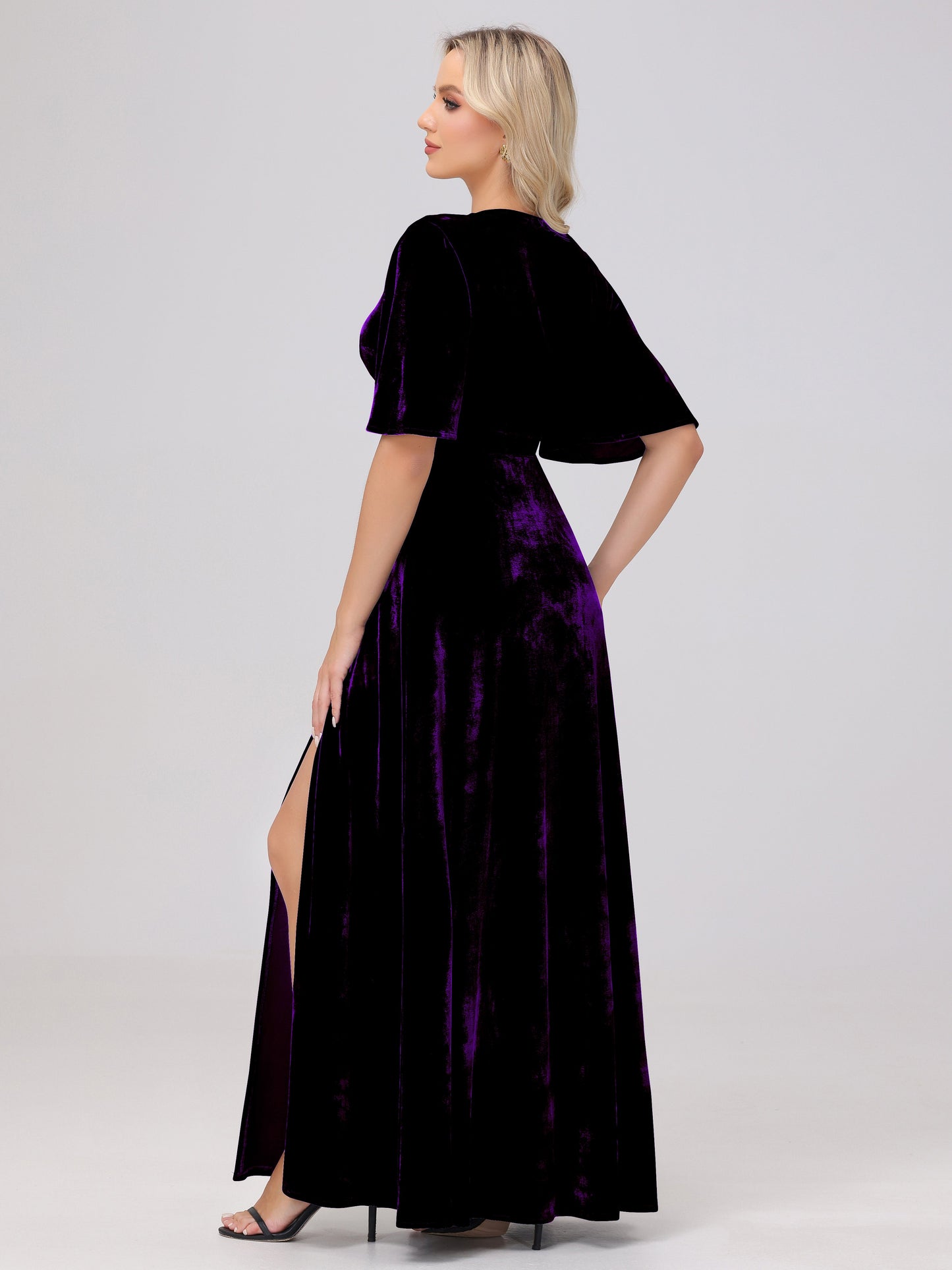 A-Line V-Neck Short Sleeves Velvet Bridesmaid Dresses with Slit