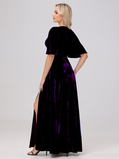 A-Line V-Neck Short Sleeves Velvet Bridesmaid Dresses with Slit