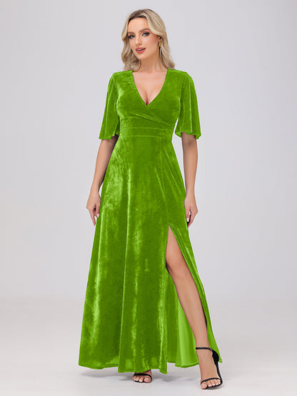 A-Line V-Neck Short Sleeves Velvet Bridesmaid Dresses with Slit