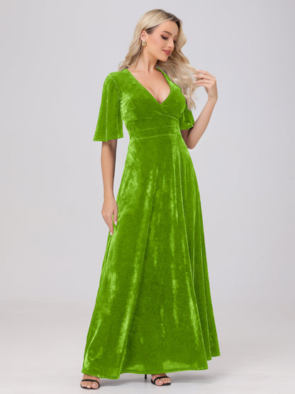 A-Line V-Neck Short Sleeves Velvet Bridesmaid Dresses with Slit