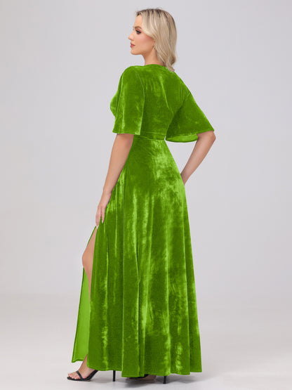 A-Line V-Neck Short Sleeves Velvet Bridesmaid Dresses with Slit