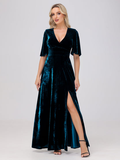A-Line V-Neck Short Sleeves Velvet Bridesmaid Dresses with Slit