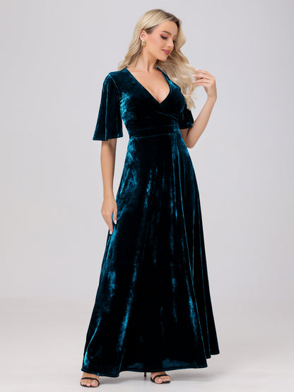 A-Line V-Neck Short Sleeves Velvet Bridesmaid Dresses with Slit