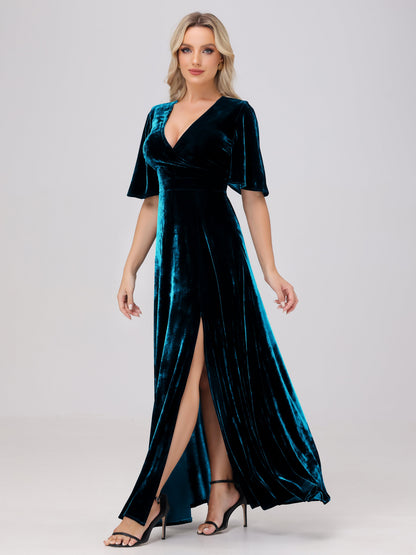 A-Line V-Neck Short Sleeves Velvet Bridesmaid Dresses with Slit