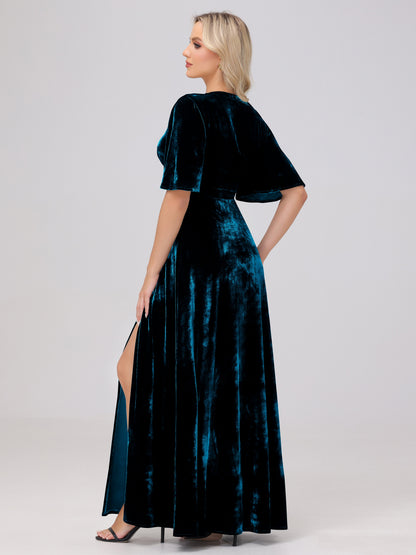 A-Line V-Neck Short Sleeves Velvet Bridesmaid Dresses with Slit