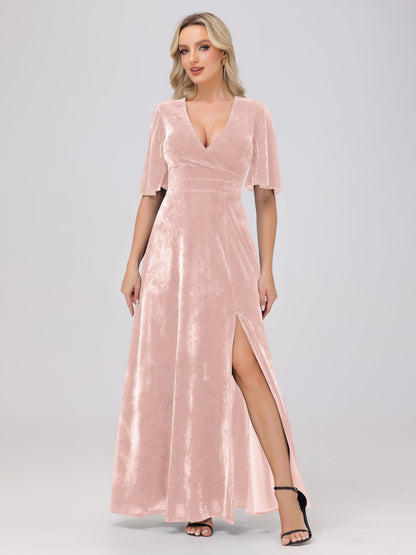 A-Line V-Neck Short Sleeves Velvet Bridesmaid Dresses with Slit