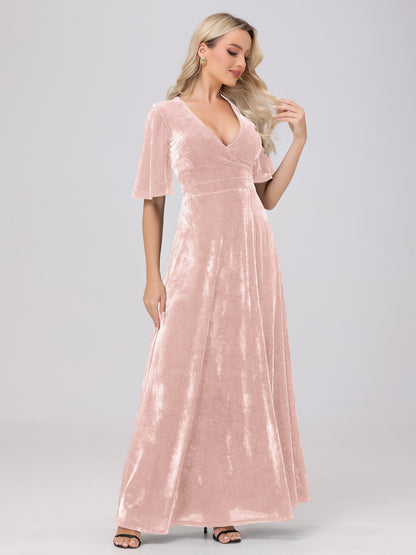 A-Line V-Neck Short Sleeves Velvet Bridesmaid Dresses with Slit