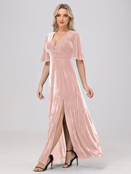 A-Line V-Neck Short Sleeves Velvet Bridesmaid Dresses with Slit