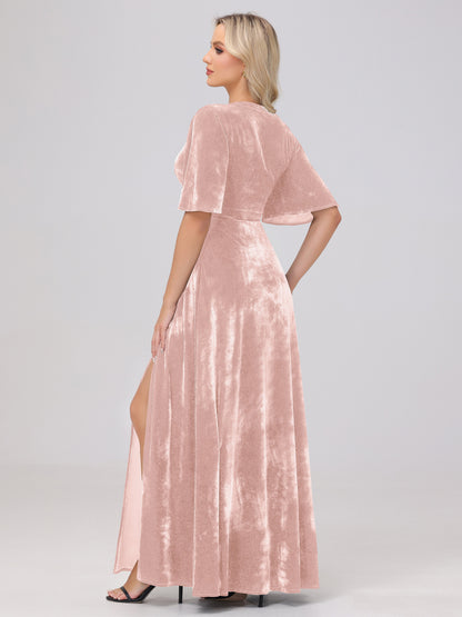 A-Line V-Neck Short Sleeves Velvet Bridesmaid Dresses with Slit
