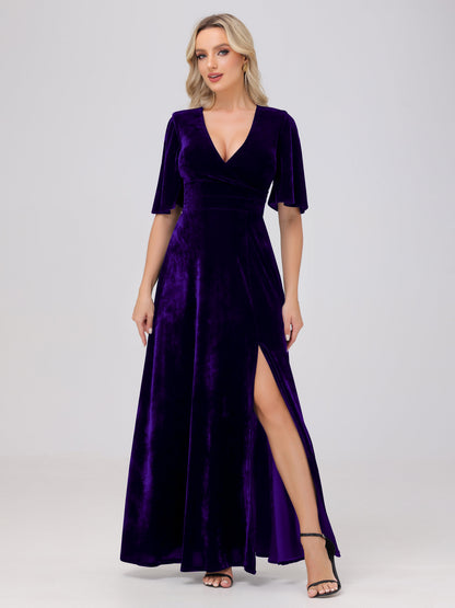 A-Line V-Neck Short Sleeves Velvet Bridesmaid Dresses with Slit