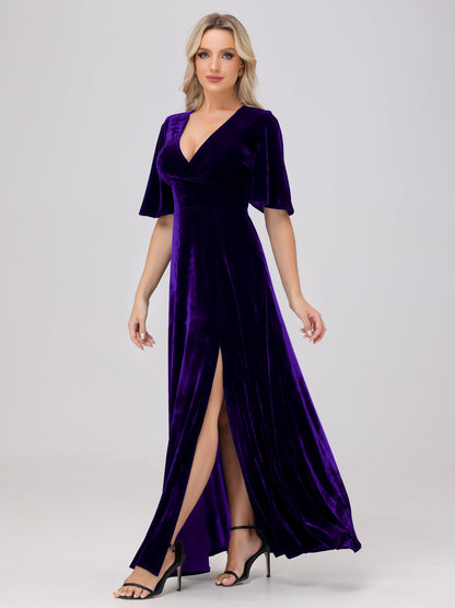 A-Line V-Neck Short Sleeves Velvet Bridesmaid Dresses with Slit