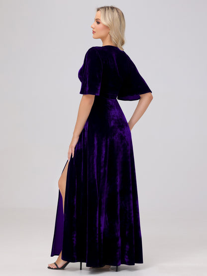 A-Line V-Neck Short Sleeves Velvet Bridesmaid Dresses with Slit