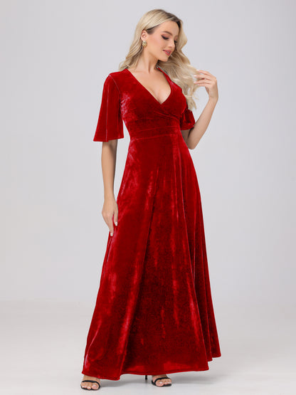 A-Line V-Neck Short Sleeves Velvet Bridesmaid Dresses with Slit