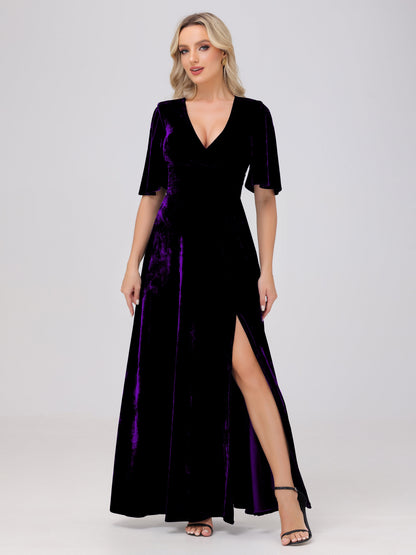 A-Line V-Neck Short Sleeves Velvet Bridesmaid Dresses with Slit