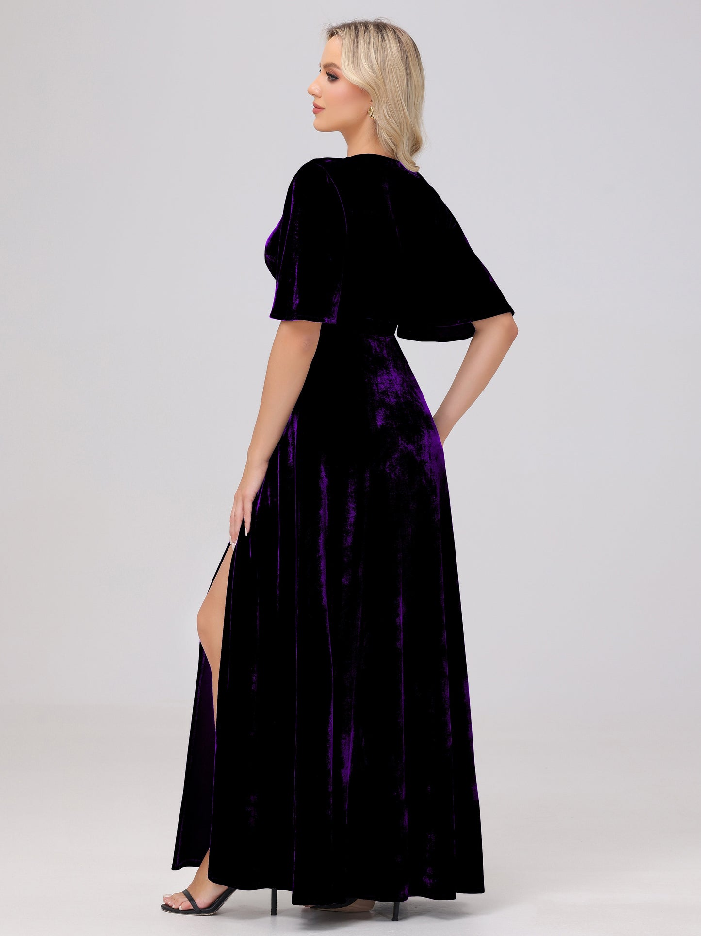 A-Line V-Neck Short Sleeves Velvet Bridesmaid Dresses with Slit
