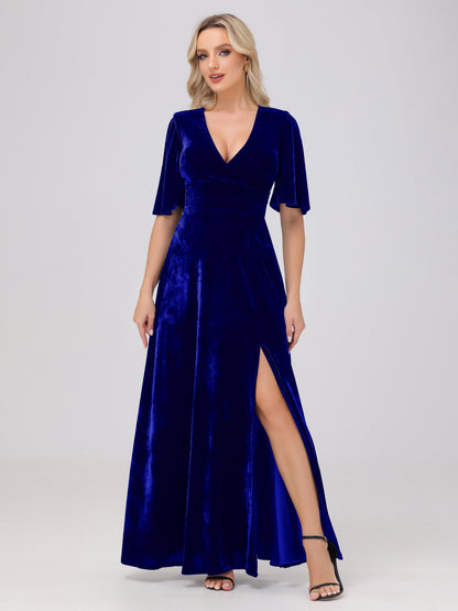 A-Line V-Neck Short Sleeves Velvet Bridesmaid Dresses with Slit