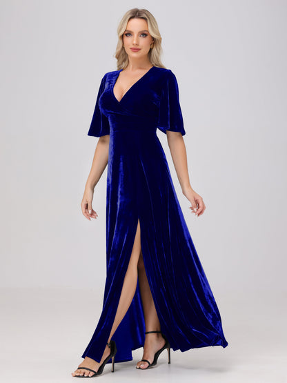 A-Line V-Neck Short Sleeves Velvet Bridesmaid Dresses with Slit