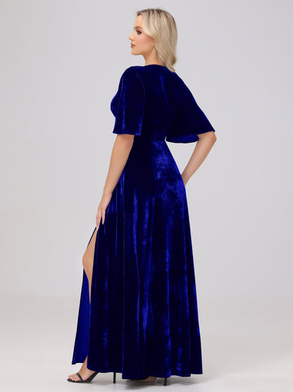 A-Line V-Neck Short Sleeves Velvet Bridesmaid Dresses with Slit