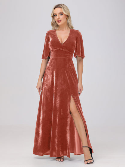 A-Line V-Neck Short Sleeves Velvet Bridesmaid Dresses with Slit