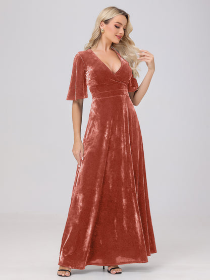 A-Line V-Neck Short Sleeves Velvet Bridesmaid Dresses with Slit