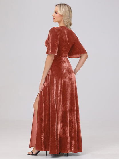 A-Line V-Neck Short Sleeves Velvet Bridesmaid Dresses with Slit