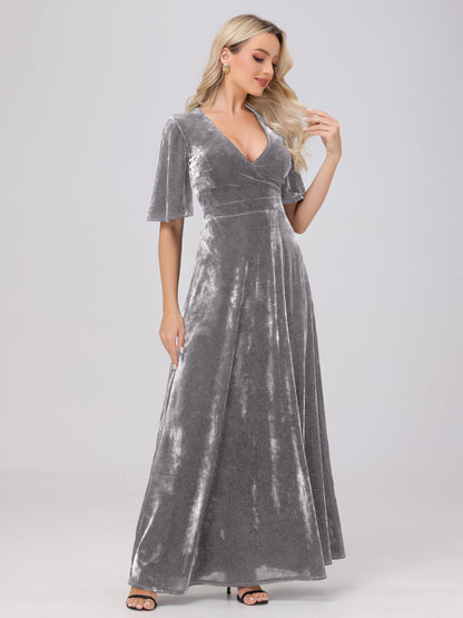 A-Line V-Neck Short Sleeves Velvet Bridesmaid Dresses with Slit