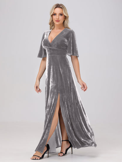 A-Line V-Neck Short Sleeves Velvet Bridesmaid Dresses with Slit