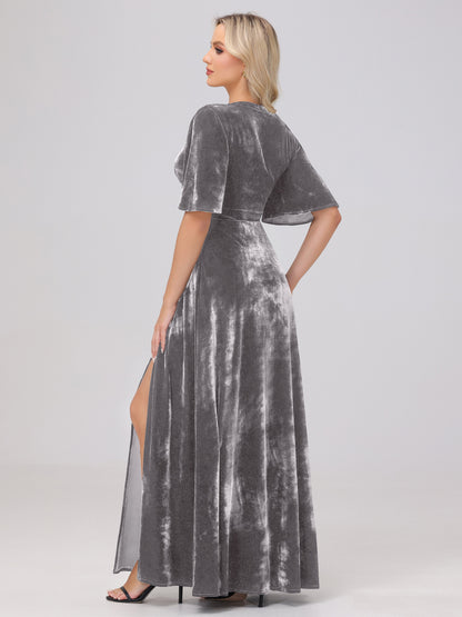 A-Line V-Neck Short Sleeves Velvet Bridesmaid Dresses with Slit