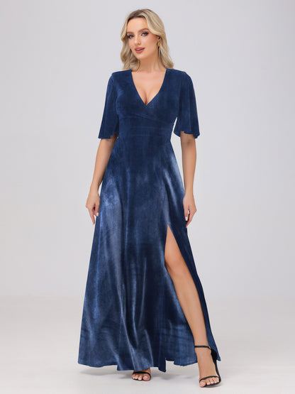 A-Line V-Neck Short Sleeves Velvet Bridesmaid Dresses with Slit