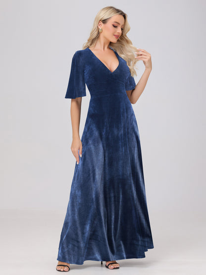 A-Line V-Neck Short Sleeves Velvet Bridesmaid Dresses with Slit