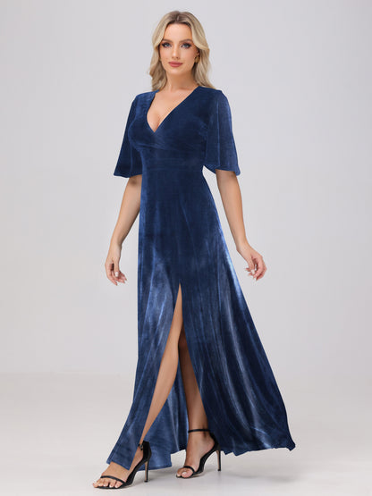 A-Line V-Neck Short Sleeves Velvet Bridesmaid Dresses with Slit