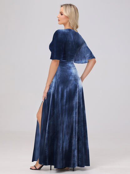 A-Line V-Neck Short Sleeves Velvet Bridesmaid Dresses with Slit
