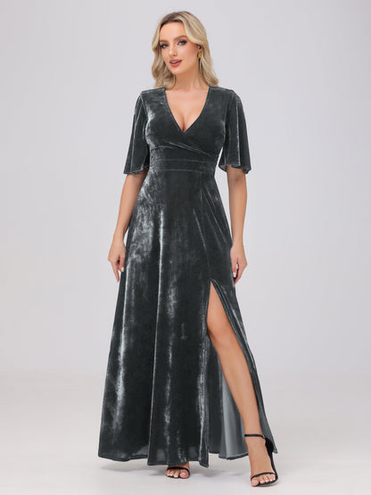 A-Line V-Neck Short Sleeves Velvet Bridesmaid Dresses with Slit