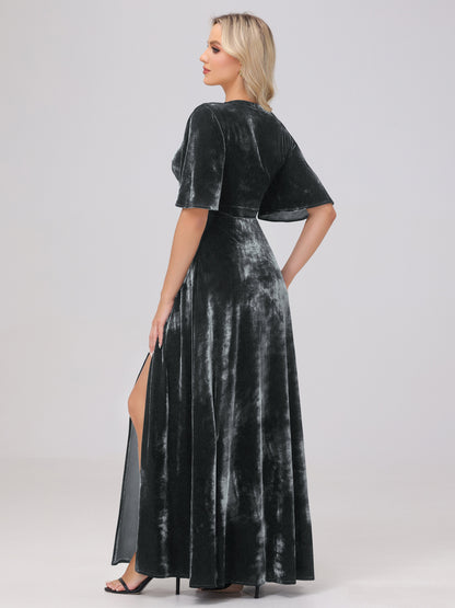 A-Line V-Neck Short Sleeves Velvet Bridesmaid Dresses with Slit