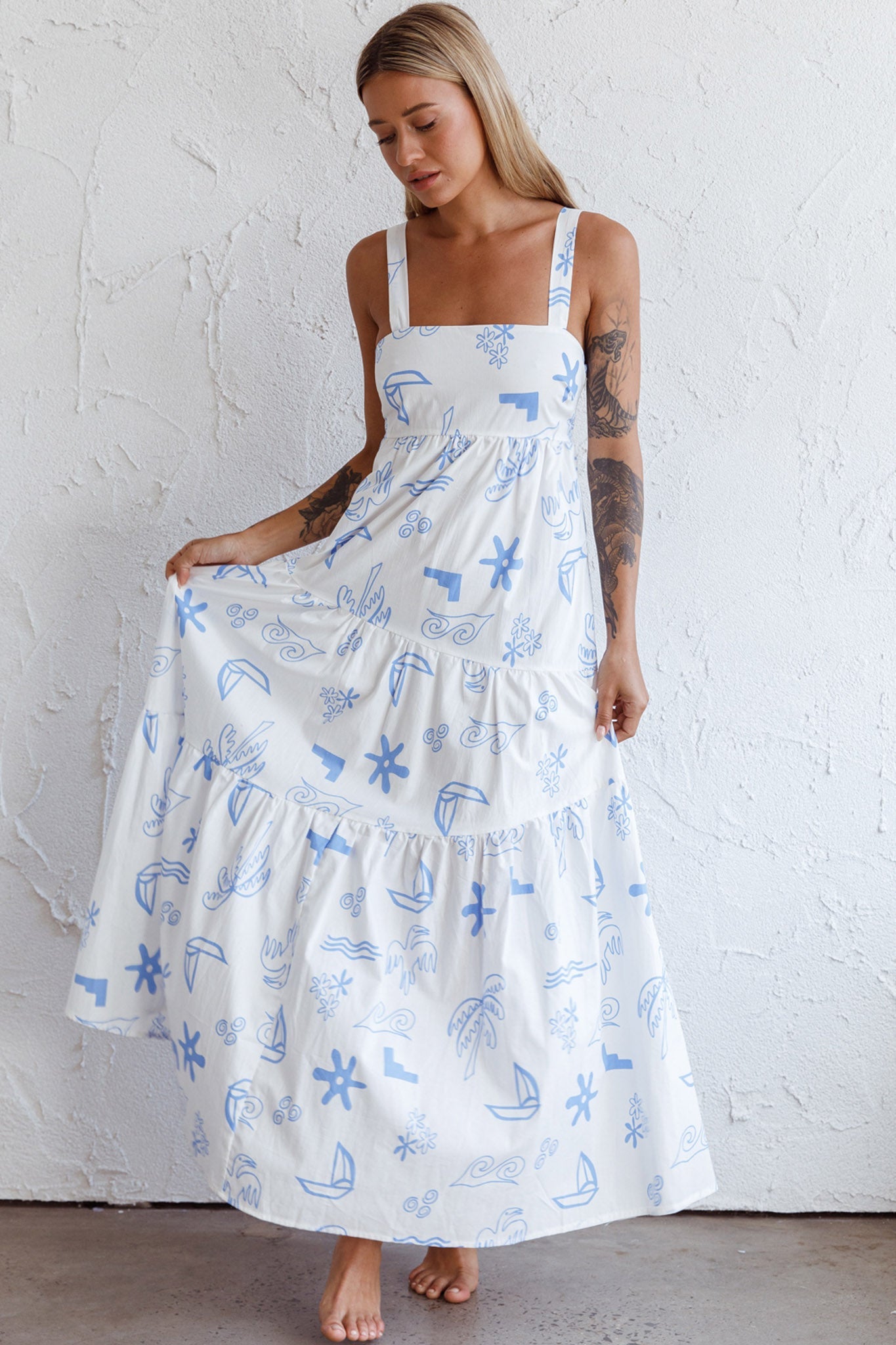 Indianna Square Neckline Maxi Dress Printed White
