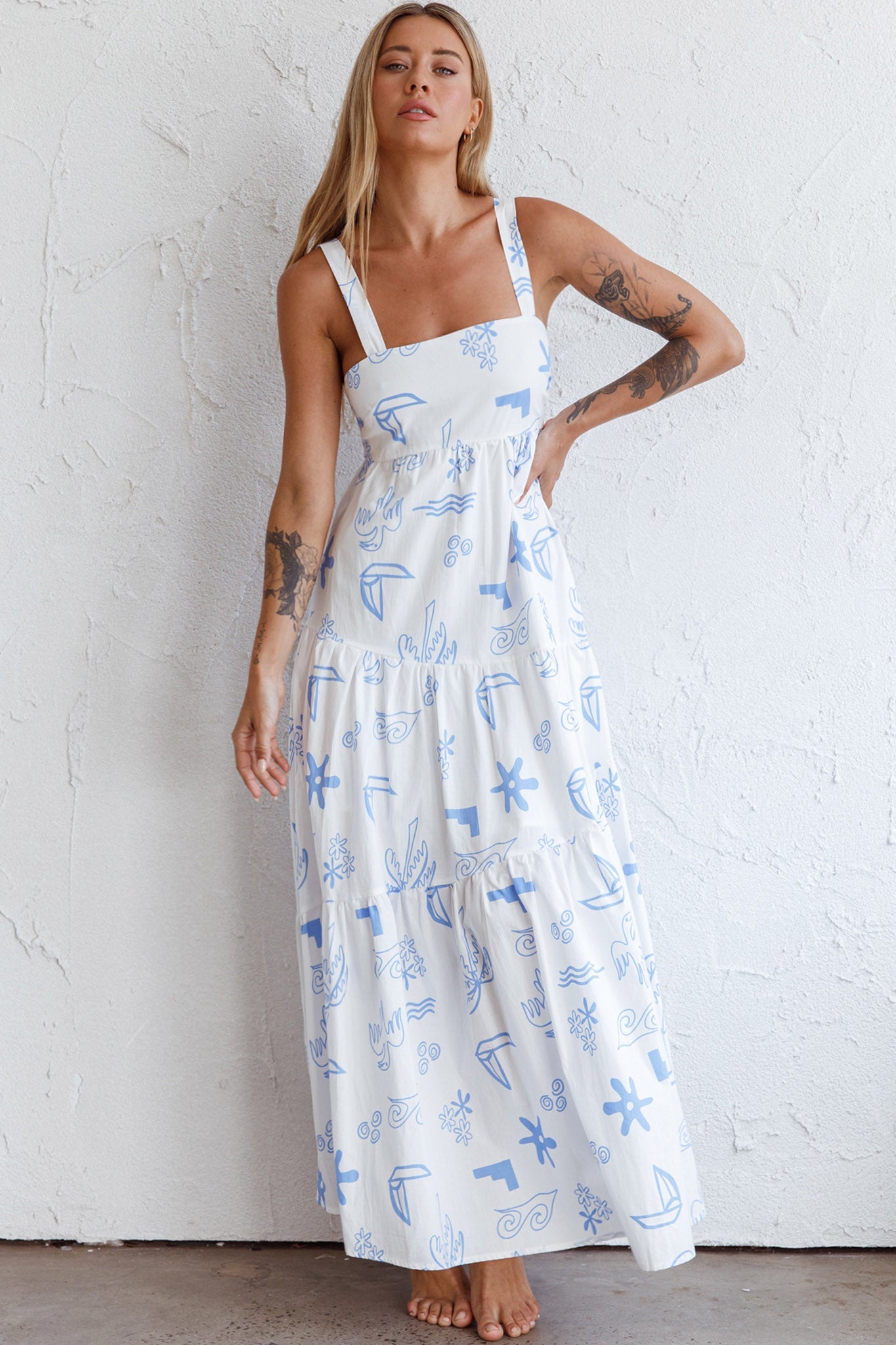 Indianna Square Neckline Maxi Dress Printed White