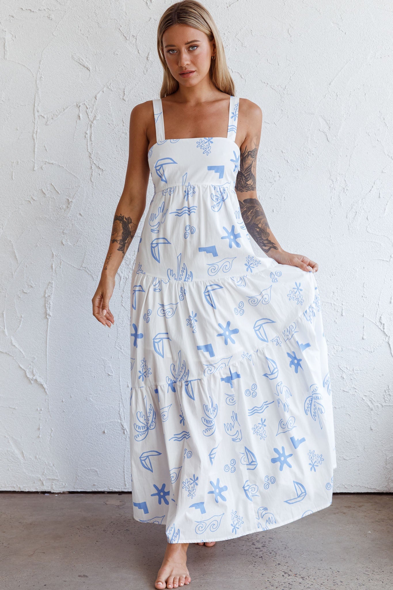 Indianna Square Neckline Maxi Dress Printed White