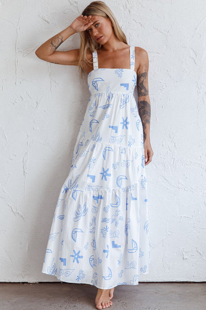 Indianna Square Neckline Maxi Dress Printed White
