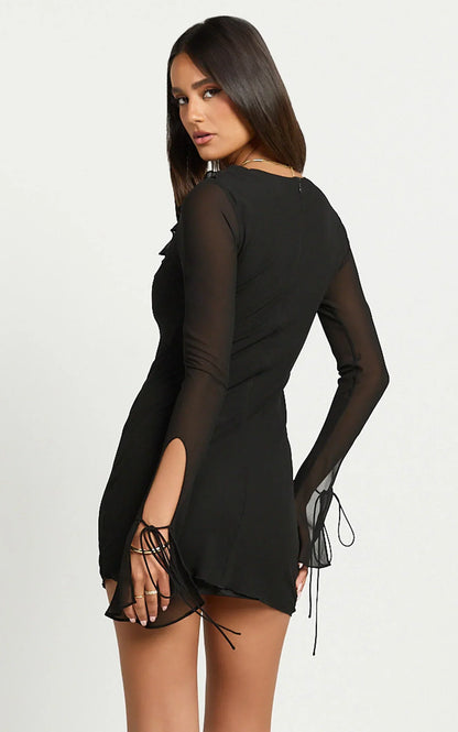 Alesya Mini Dress Ruffle Plunge Neck Long Sleeve Tie Detail Dress in Black