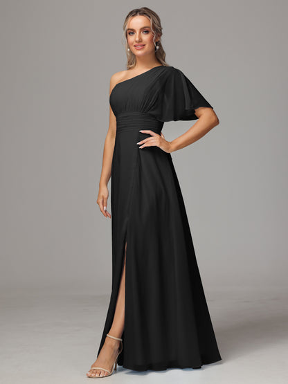 One Shoulder Chiffon Bridesmaid Dresses With Slit