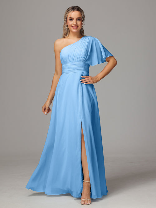 One Shoulder Chiffon Bridesmaid Dresses With Slit