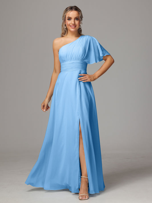 One Shoulder Chiffon Bridesmaid Dresses With Slit