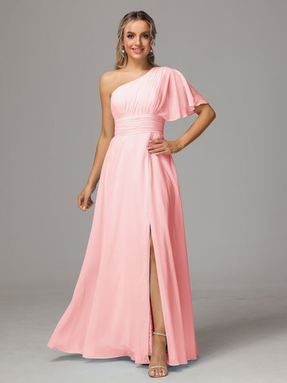 One Shoulder Chiffon Bridesmaid Dresses With Slit