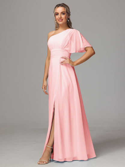 One Shoulder Chiffon Bridesmaid Dresses With Slit