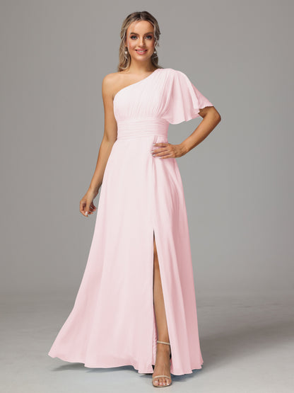 One Shoulder Chiffon Bridesmaid Dresses With Slit