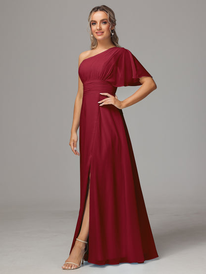 One Shoulder Chiffon Bridesmaid Dresses With Slit