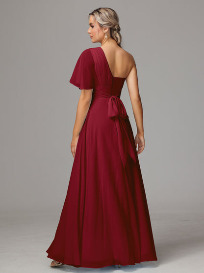 One Shoulder Chiffon Bridesmaid Dresses With Slit