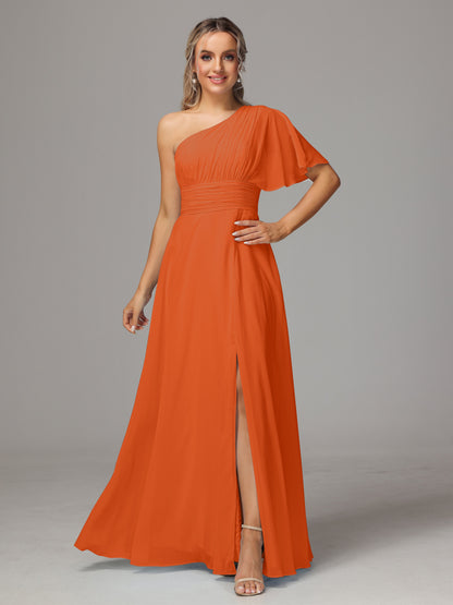 One Shoulder Chiffon Bridesmaid Dresses With Slit