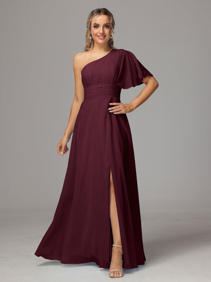 One Shoulder Chiffon Bridesmaid Dresses With Slit